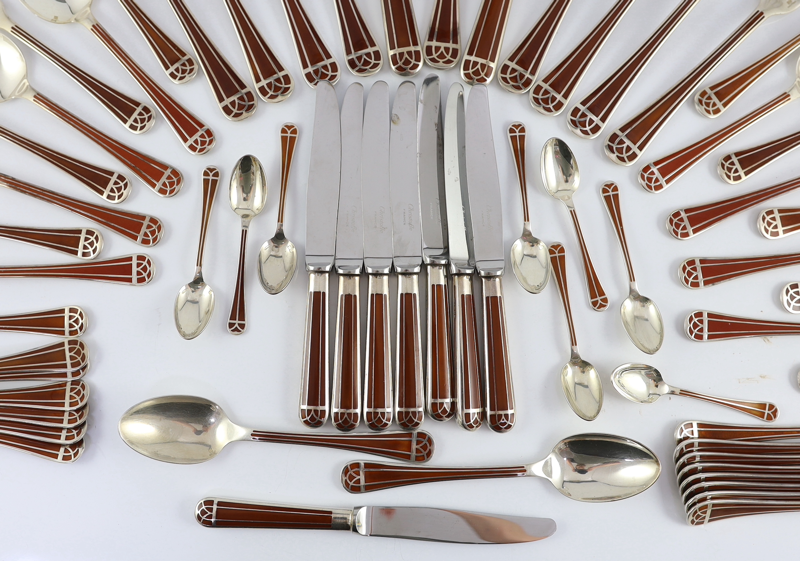 An almost complete canteen of modern Christofle silver plated and Chinese brown lacquer Talisman pattern cutlery for eight, designed by Bernard Yot